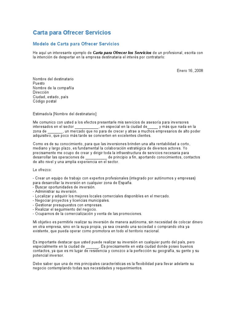 Carta Para Ofrecer Servicios Formato Hacer Inversiones Presupuesto