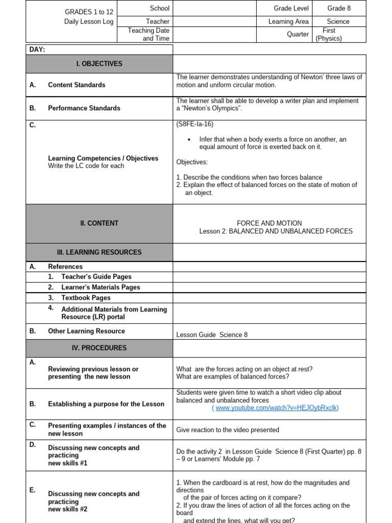 SCIENCE 8_DLL WEEK 2 | PDF | Force | Learning