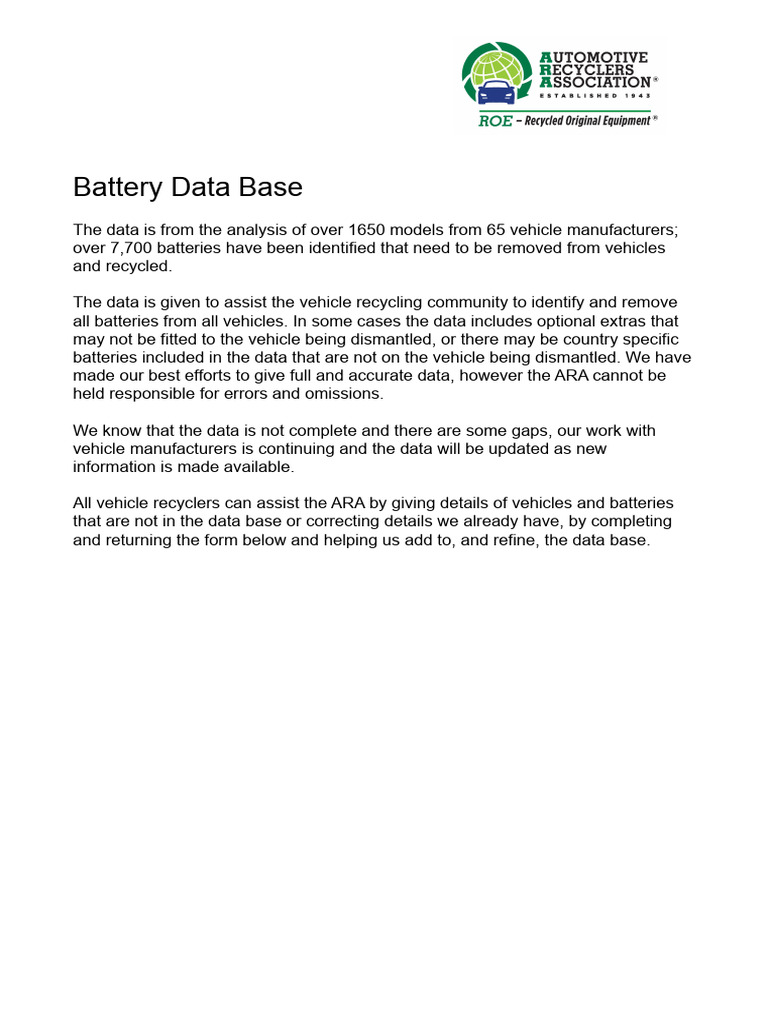 Vehicle Battery Recycling Database | PDF | Databases | Computing