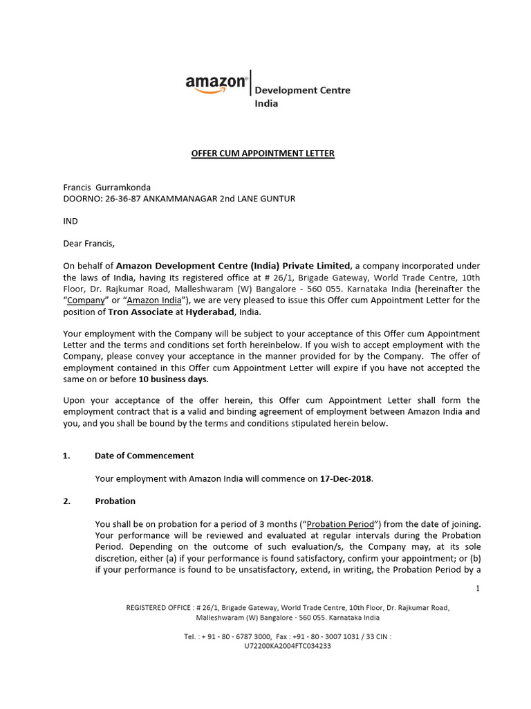 Amazon India Appointment Letter for Tron Associate | PDF | Legal Remedy ...