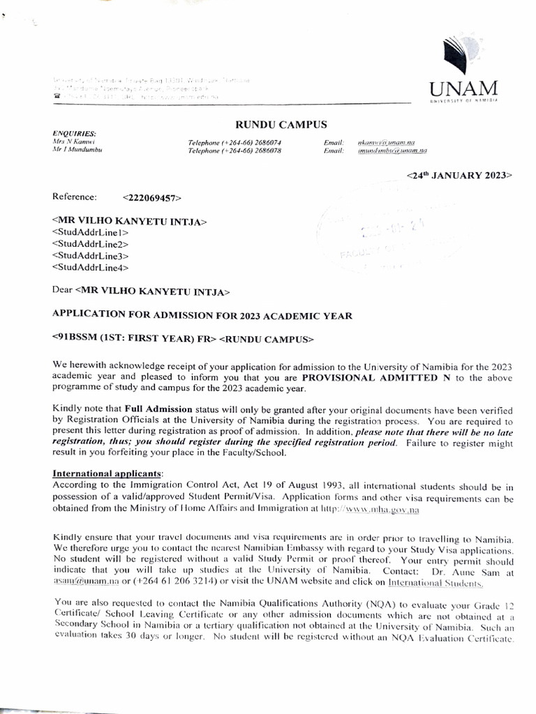 Acceptence Letter Kanyetu - 100955 | PDF | Travel Visa