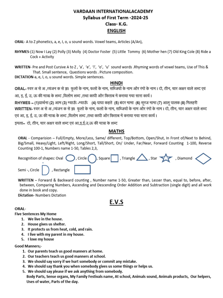 KG 1 First Term Syllabus 2024-25 | PDF