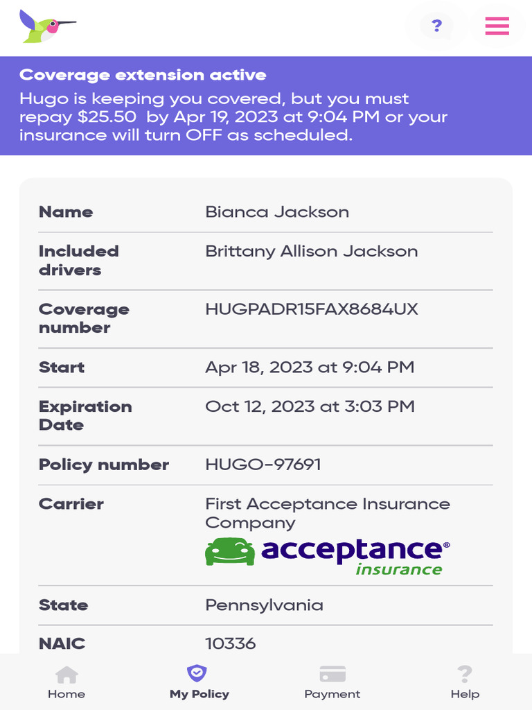 Hugo App Proof of Insurance PDF