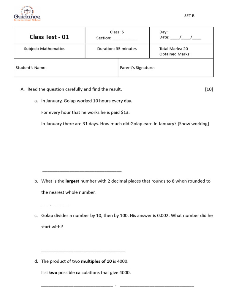 G5 - MTH - CT-01 - Set B | PDF