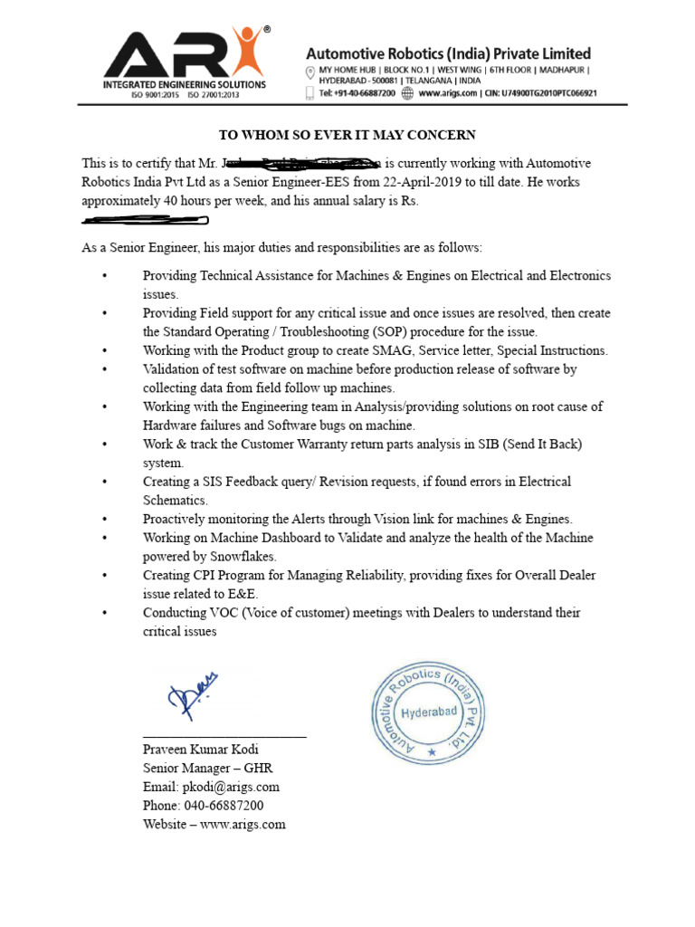 Senior Engineer Certification Letter | PDF
