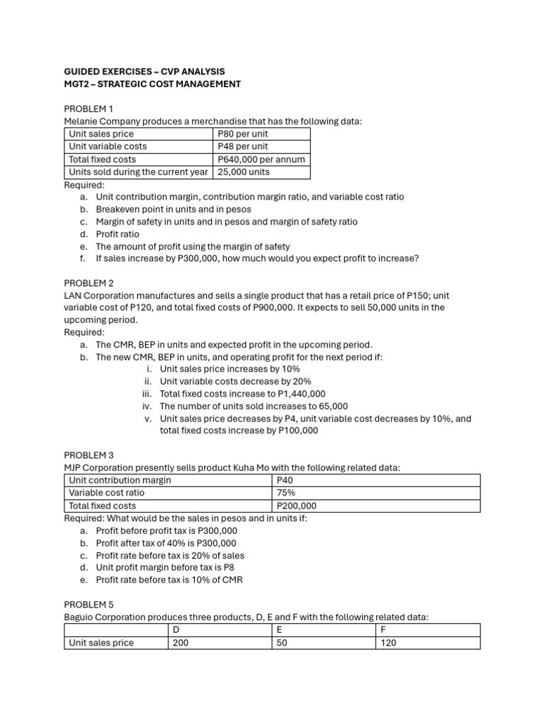 CVP Analysis Exercises for Cost Management | PDF | Economics | Pricing