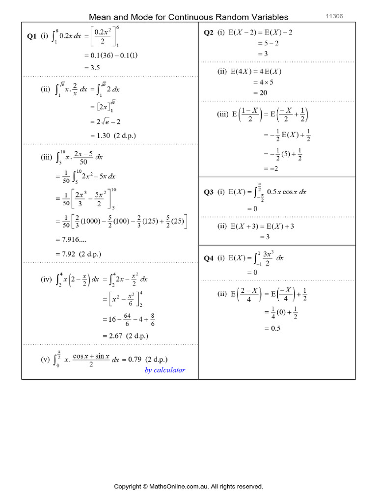 Mean and Mode For Continuous Random Variable Sol | PDF