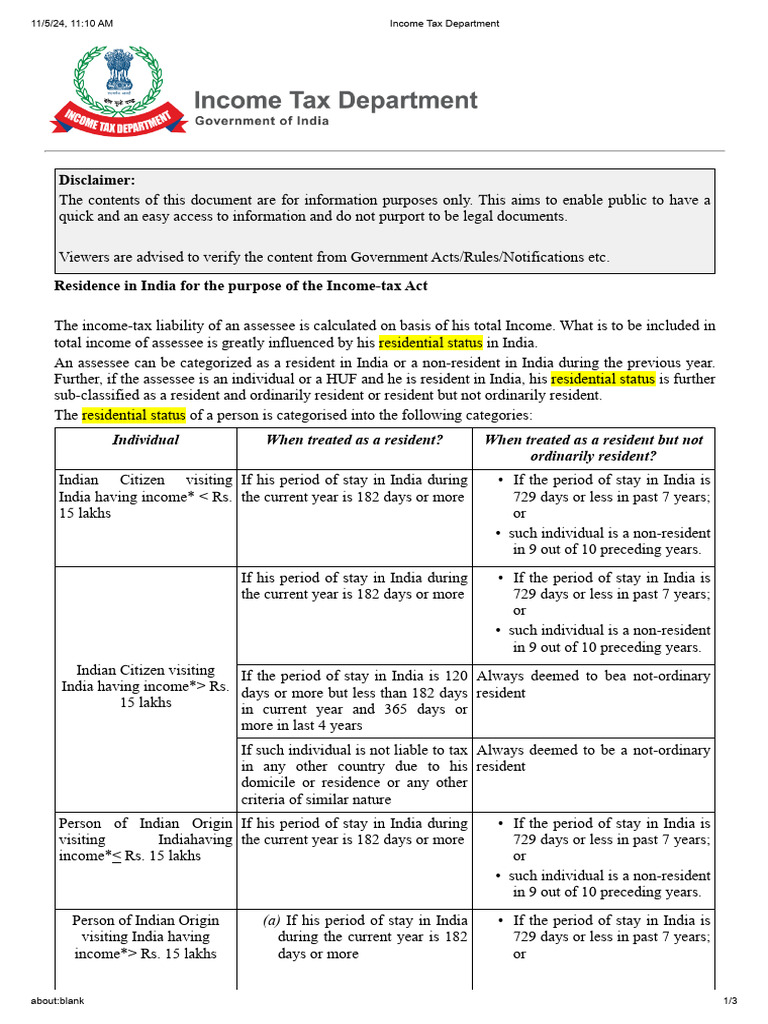 Income Tax Residency Status in India | PDF | Payments | Government Finances