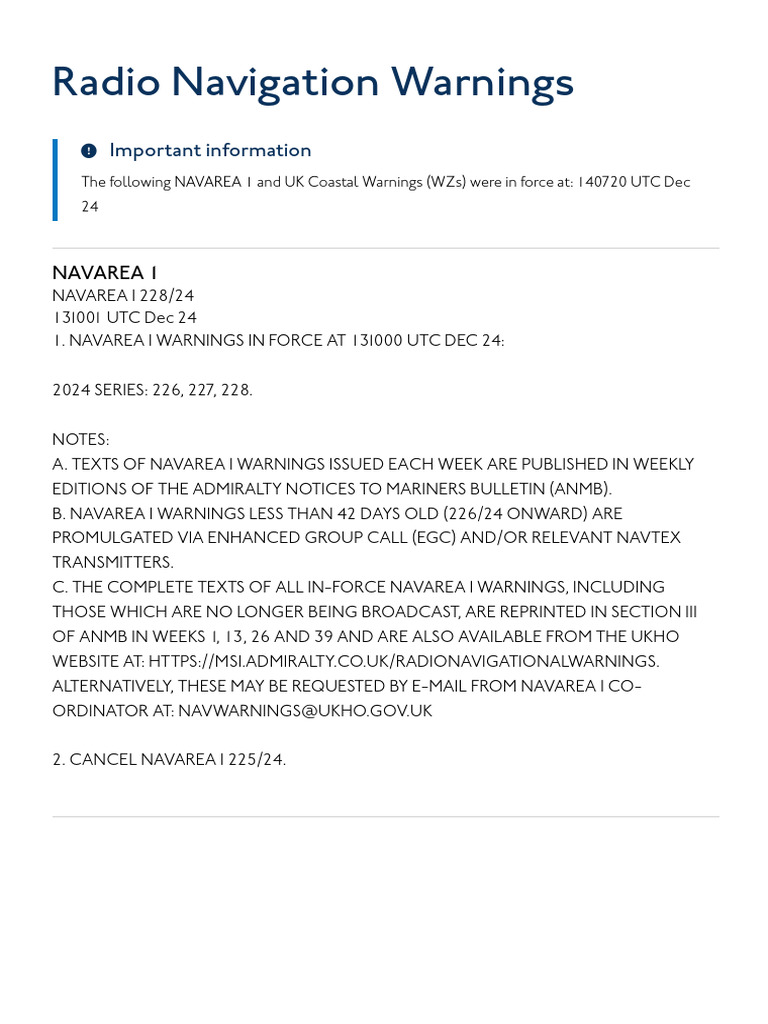 NAVAREA I Radio Navigation Warnings | PDF