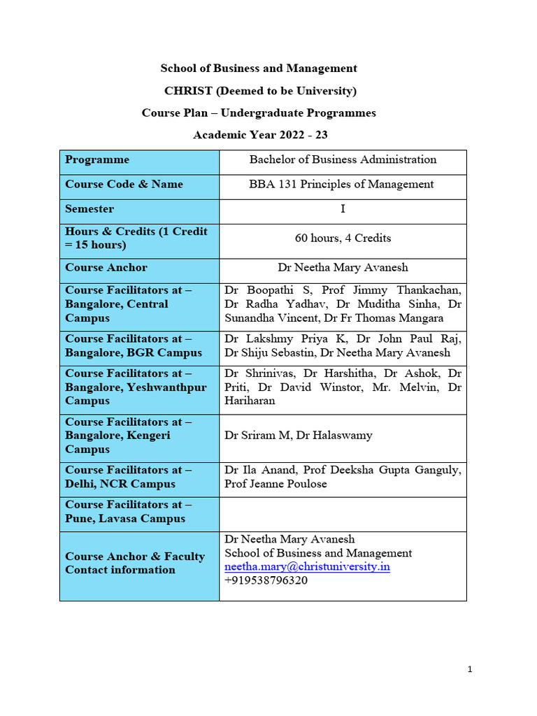 BBA Principles of Management Course Plan | PDF | Theory | Concept
