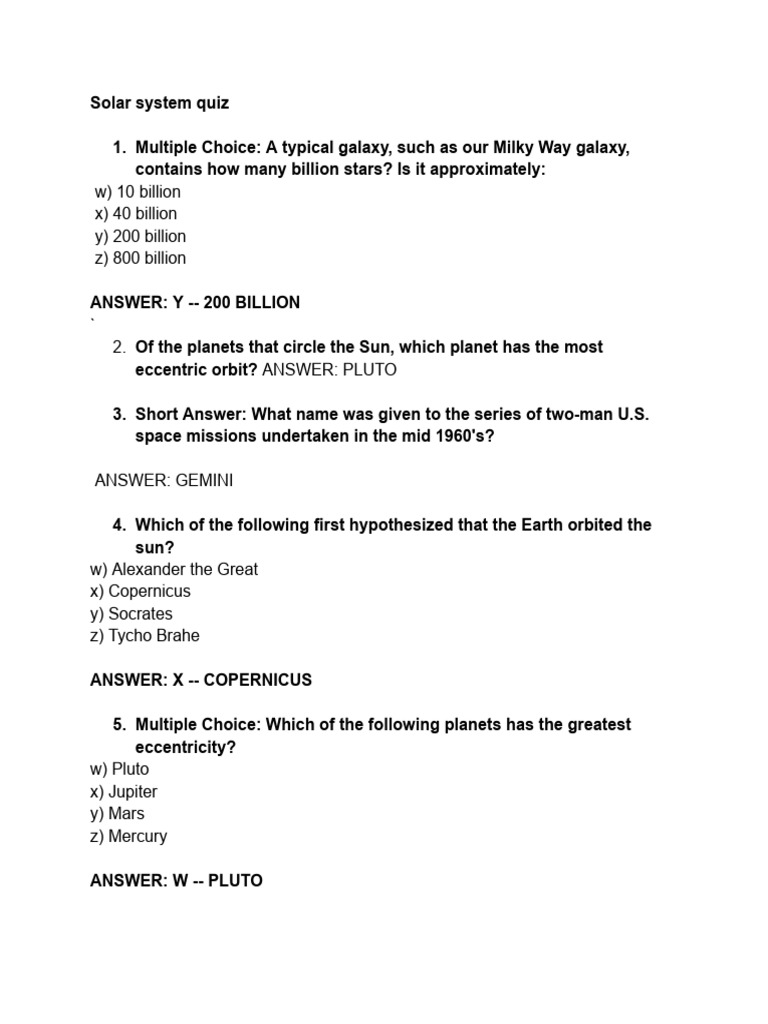 Solar System Quiz Pdf
