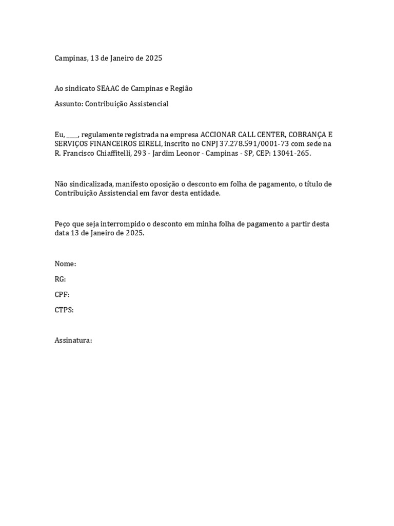 Oposição à Contribuição Assistencial em Campinas | PDF
