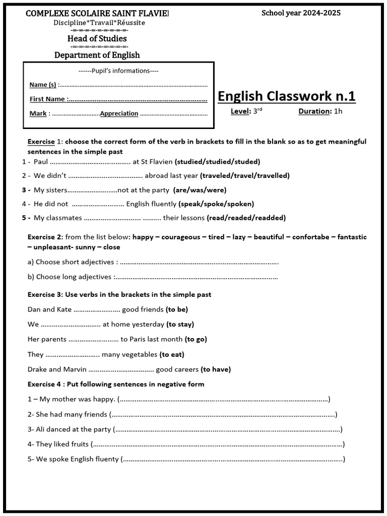 English Exercises for 3rd Level Students | PDF