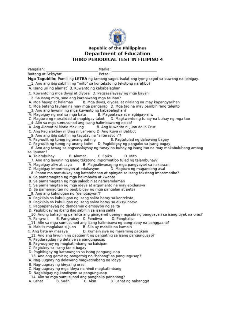 Third Periodical Test In Filipino 4 Re Learn Pdf