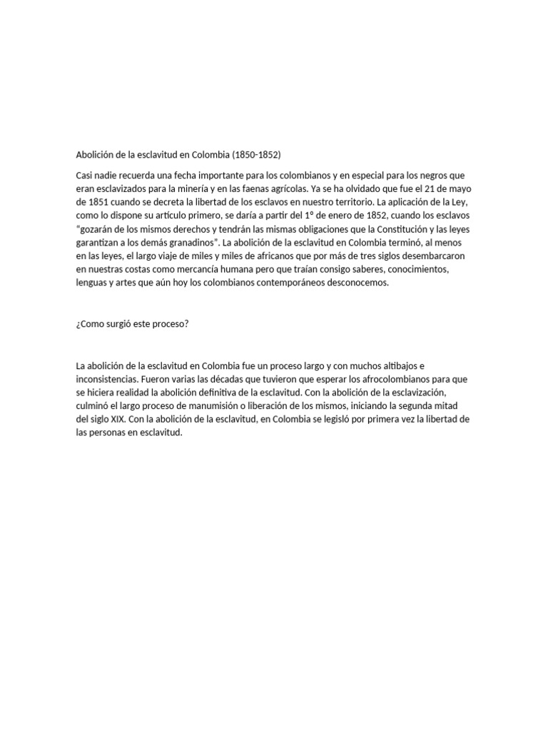 Abolición de La Esclavitud en Colombia | PDF