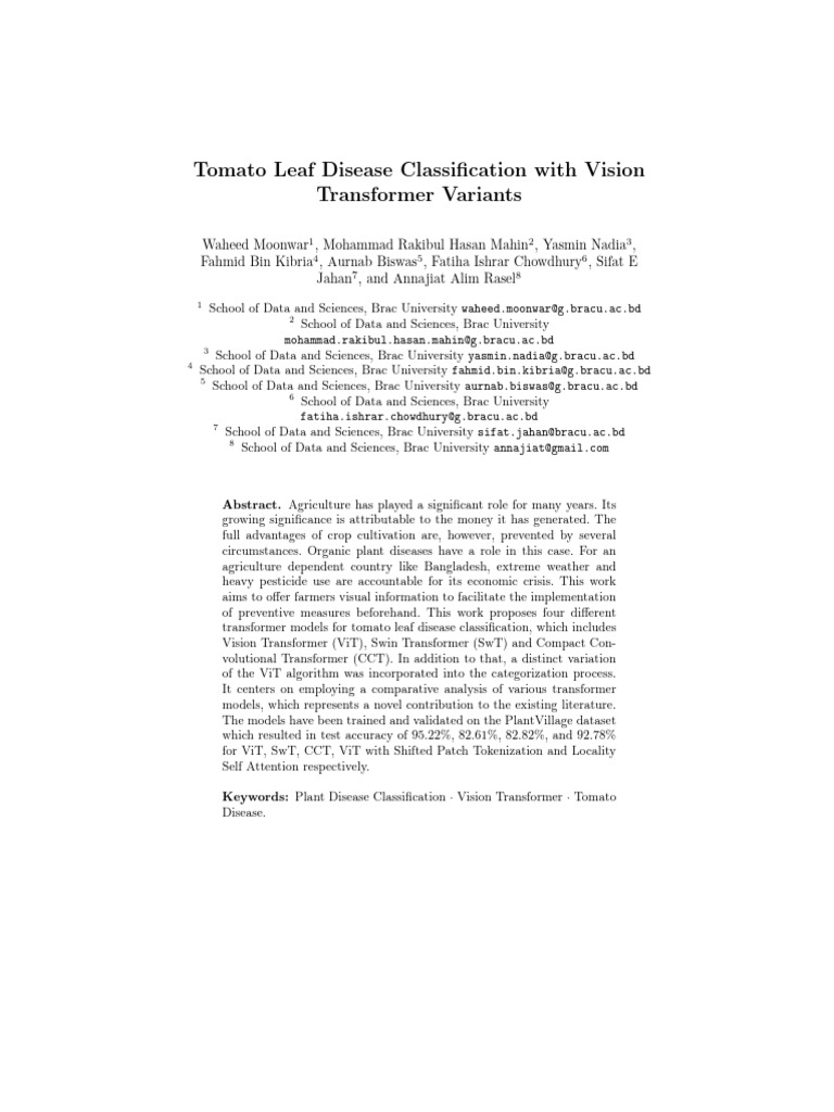 Tomato Leaf Disease Classification With Vision Transformer Variants 1 ...