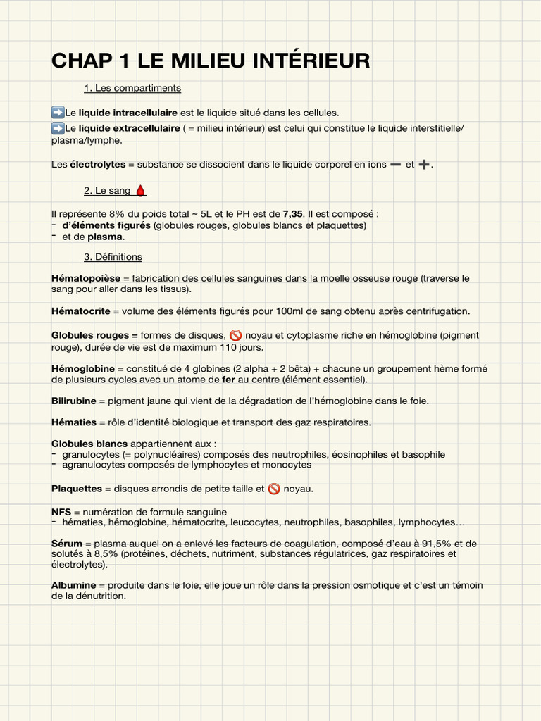 Comprendre le milieu intérieur et le sang | PDF | Hémostasie | Globule ...