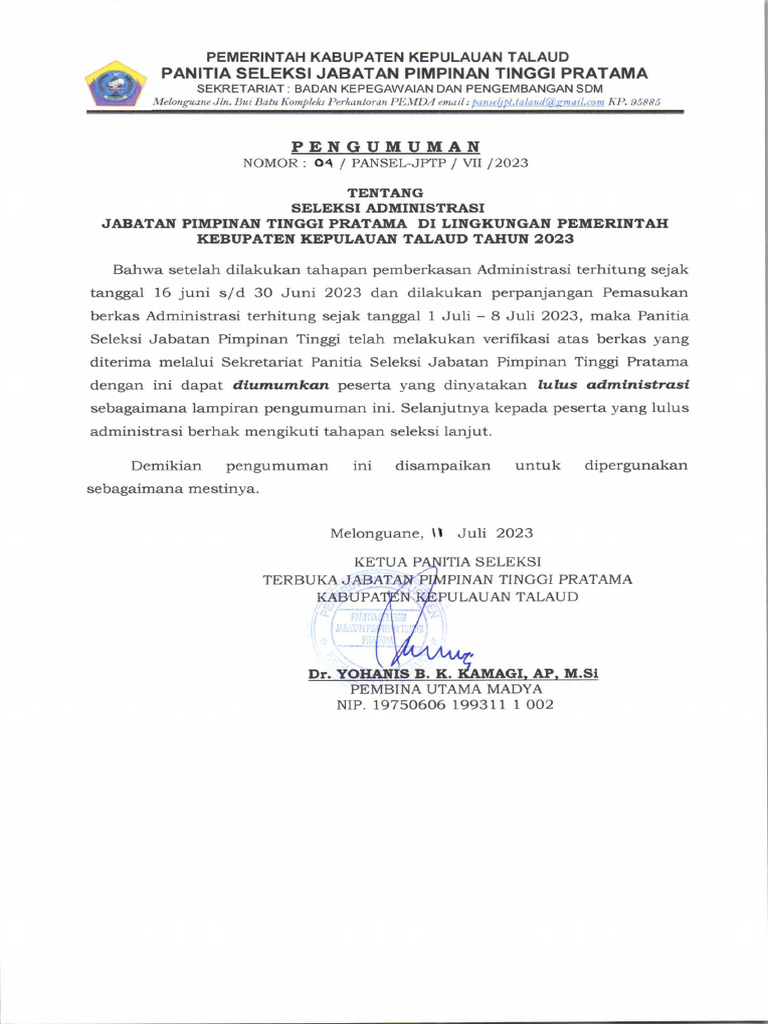Pengumuman Hasil Seleksi Administrasi Pdf