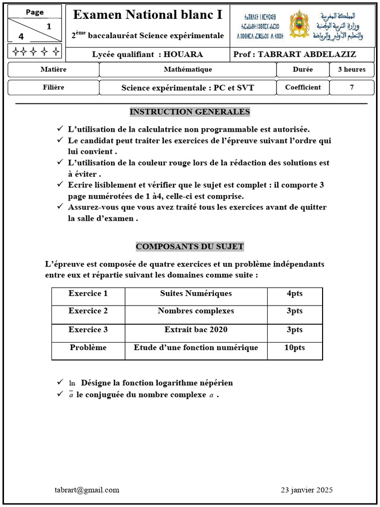Examen blanc math 2 bac PC 2025 | PDF | Mathématiques | Analyse ...