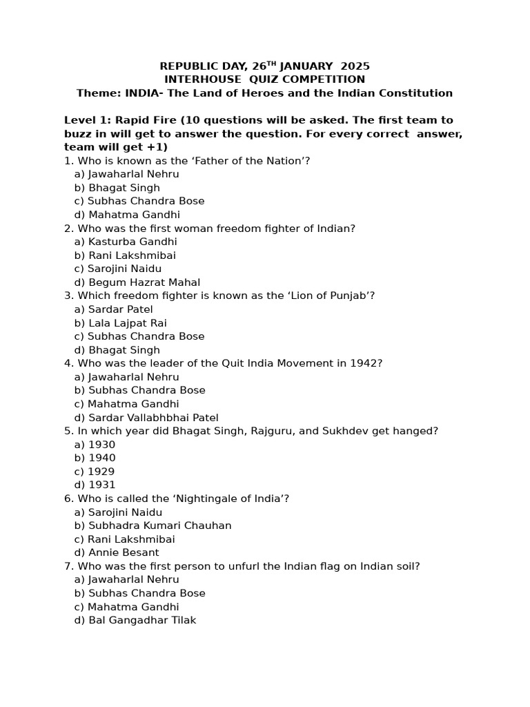 Republic Day Quiz 2025: Indian Heroes | PDF | Indian Independence ...