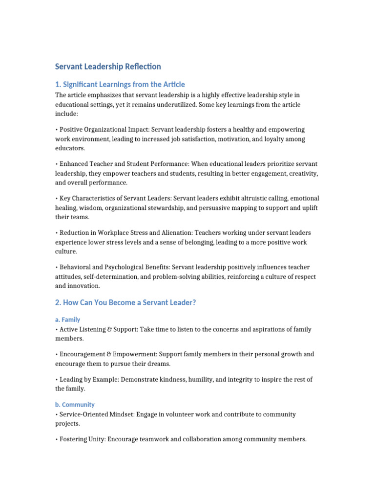 Servant Leadership Reflection | PDF | Leadership | Servant Leadership