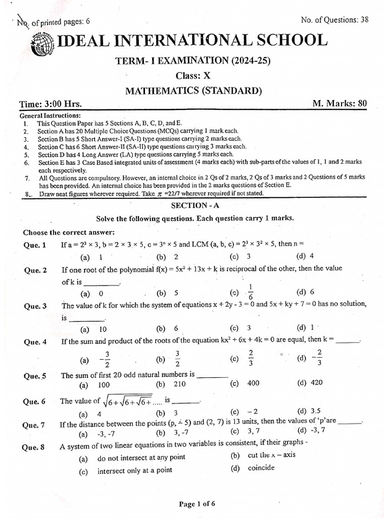 10th Mathematics Term 1 Exam Paper | PDF