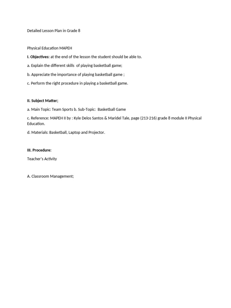 Grade 8 Basketball Lesson Plan | PDF | Teachers | Lesson Plan