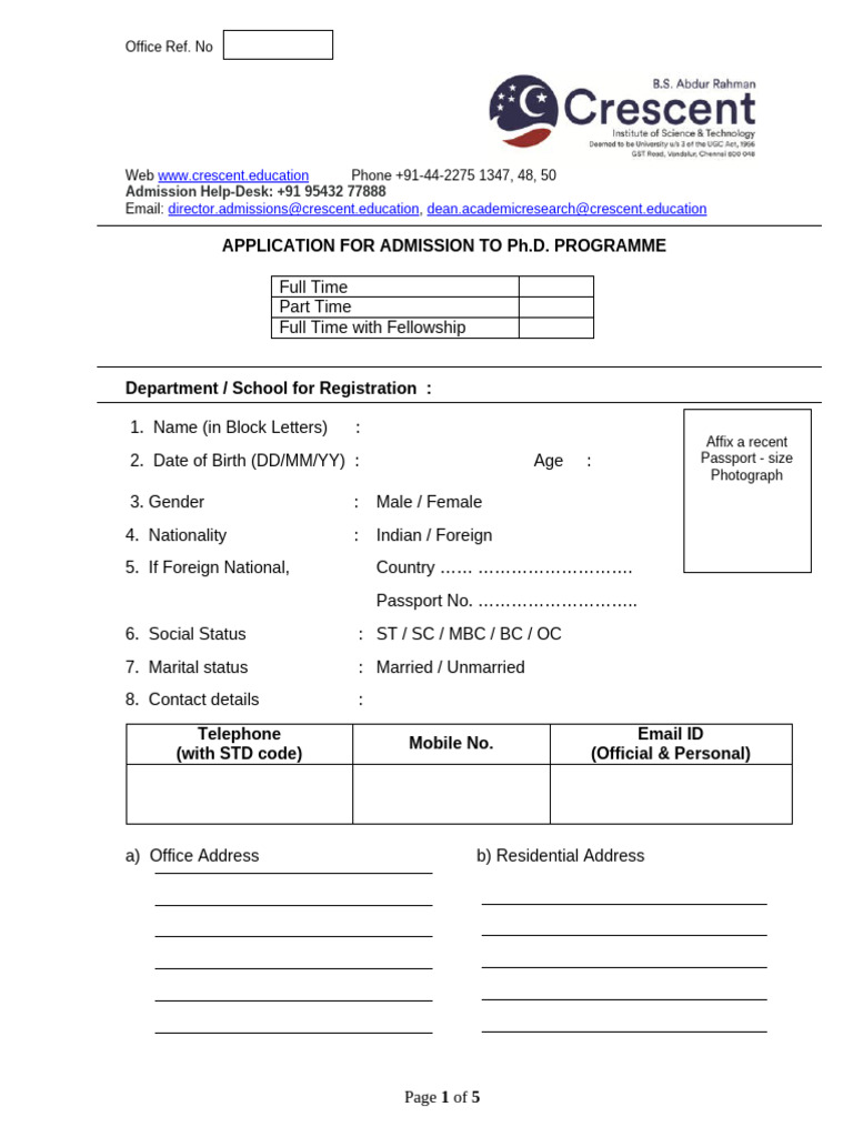 Ph.D. Admission Application Form | PDF | Doctor Of Philosophy
