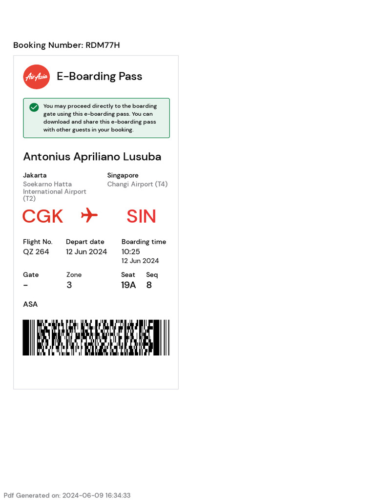 E-Boarding Pass for Flight QZ 264 | PDF