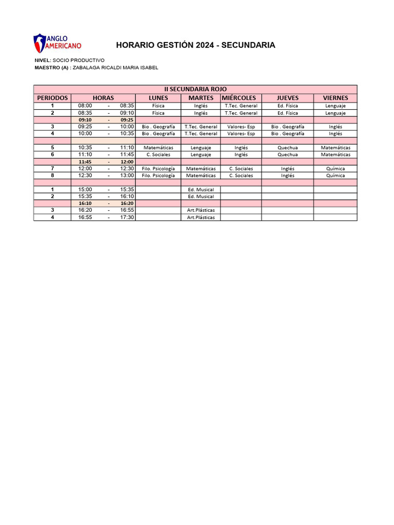 Horario 2024 II Secundaria Rojo | PDF