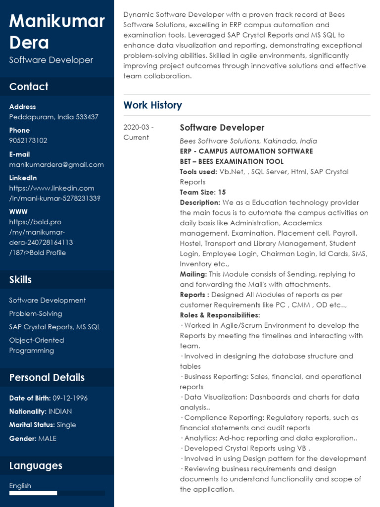 ManikumarDera_Resume | PDF | Microsoft Sql Server | Software Development
