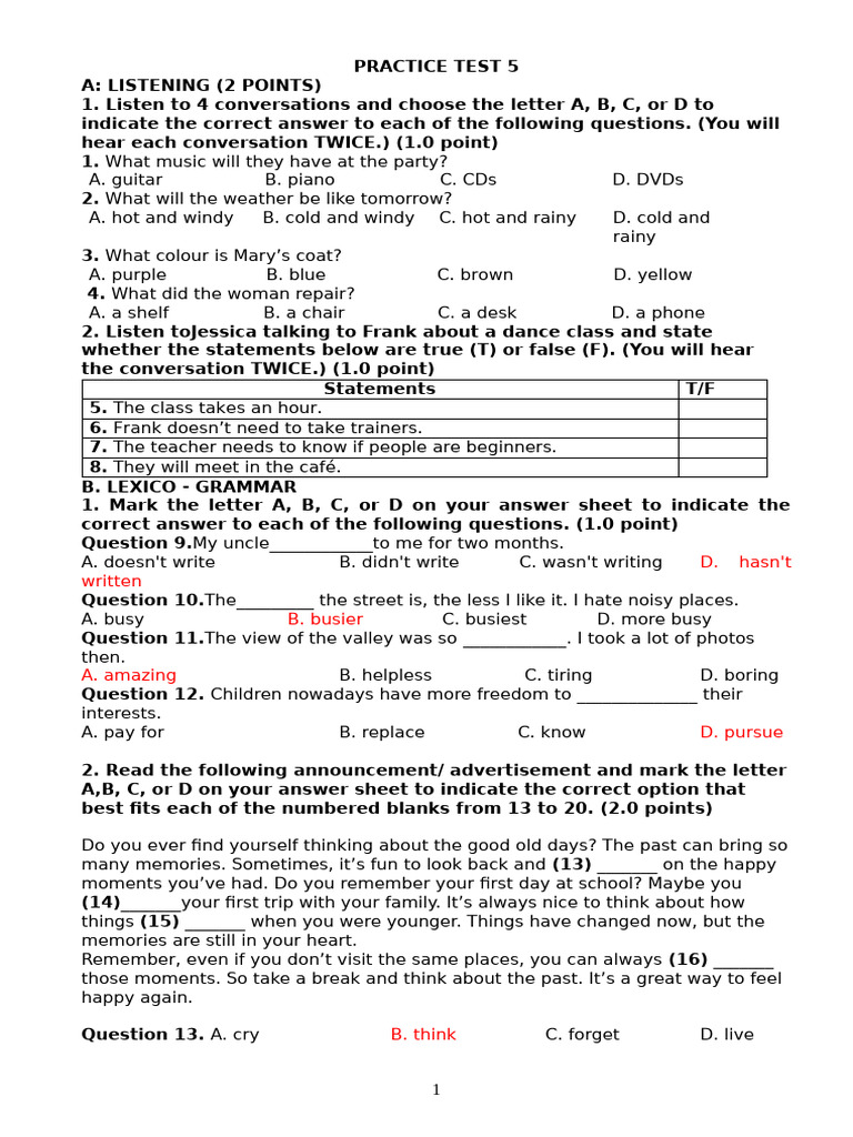 Listening and Grammar Practice Test 5 | PDF | Traffic