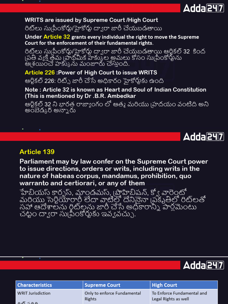 WRITS Are Issued by Supreme Court /high Court Under: Article 32 | PDF