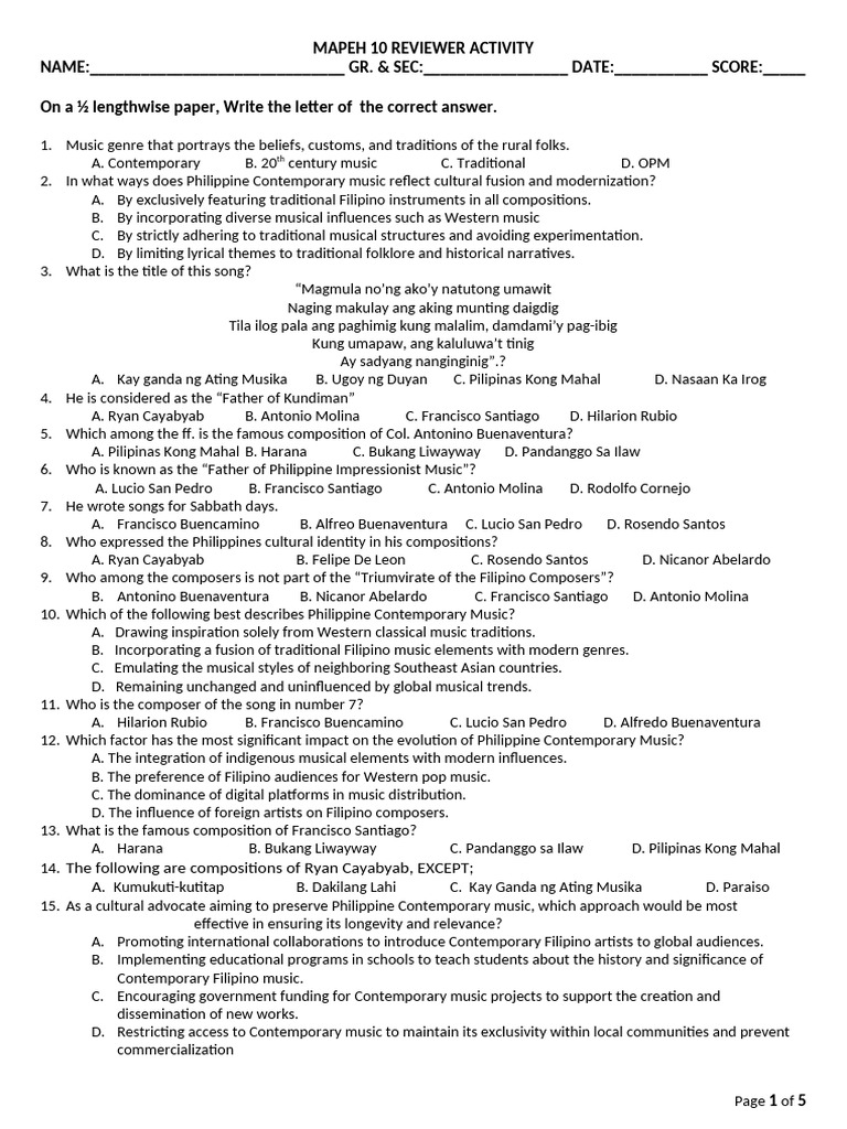 Mapeh 10 Reviewer Activity | PDF | Millennium Development Goals ...