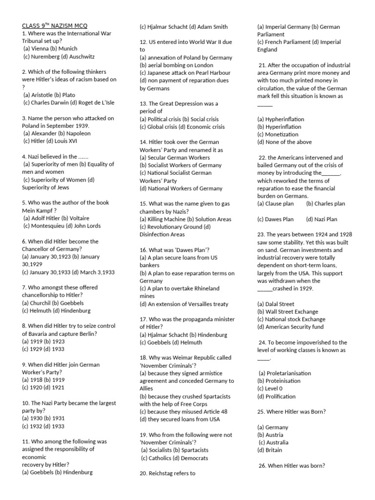 Nazism and Geography MCQs for Class 9 | PDF | Weimar Republic | Nazi ...