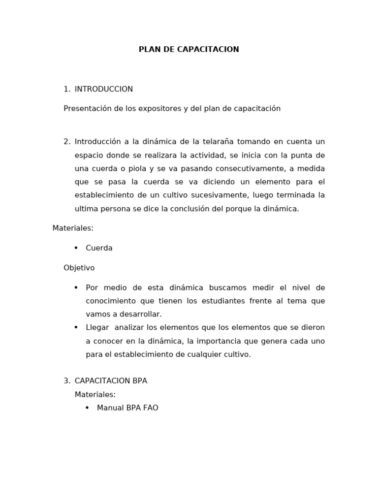 Plan de Capacitación en BPA y Dinámicas | PDF
