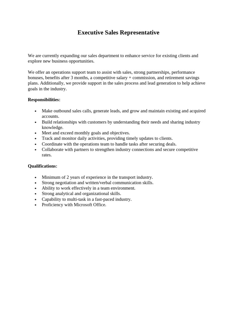 JD For Executive Sales Representative | PDF