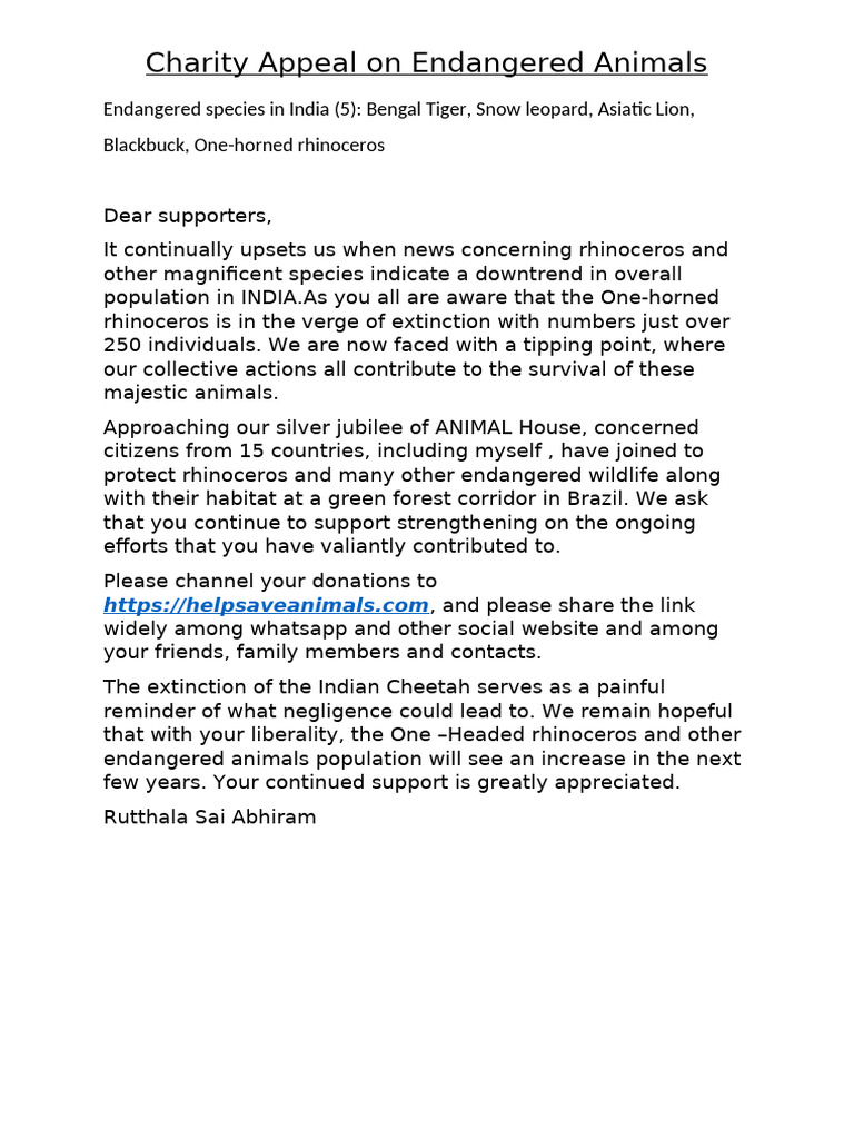 Charity Appeal Letter for Endangered Animals | PDF