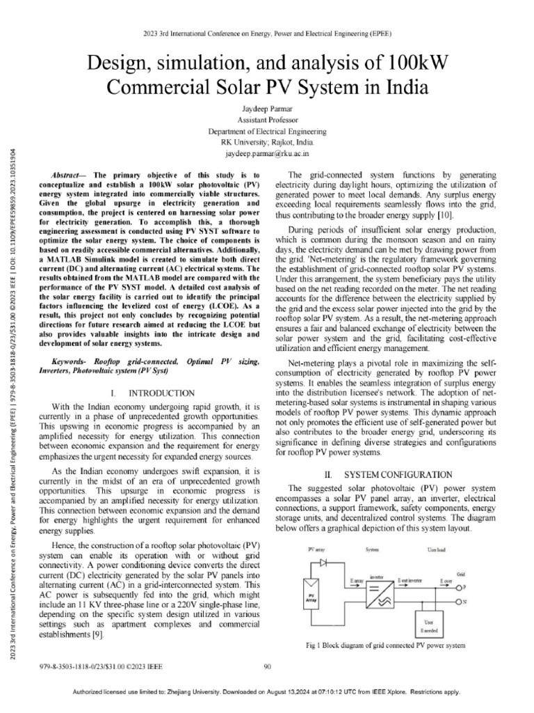 Design Simulation and Analysis of 100kW Commercial Solar PV System in ...