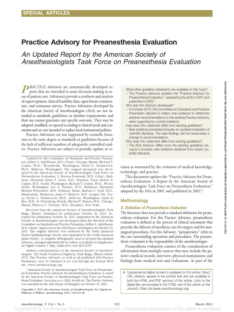Practice Advisory For Preanesthesia Evaluation | PDF | Surgery | Anesthesia