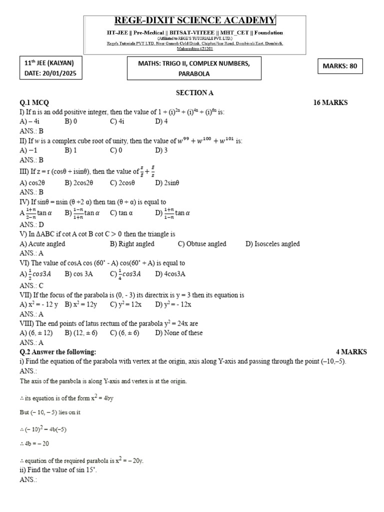 20.01.25 - JEE Maths Solution | PDF | Euclidean Plane Geometry ...