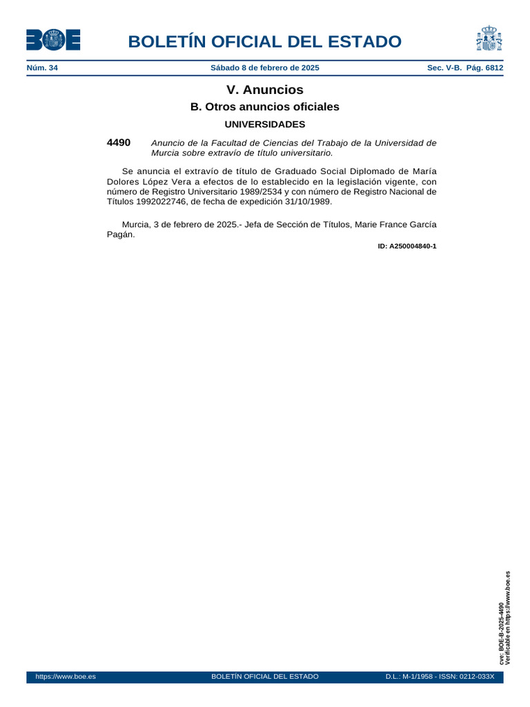 Extravío Título Universitario en Murcia | PDF