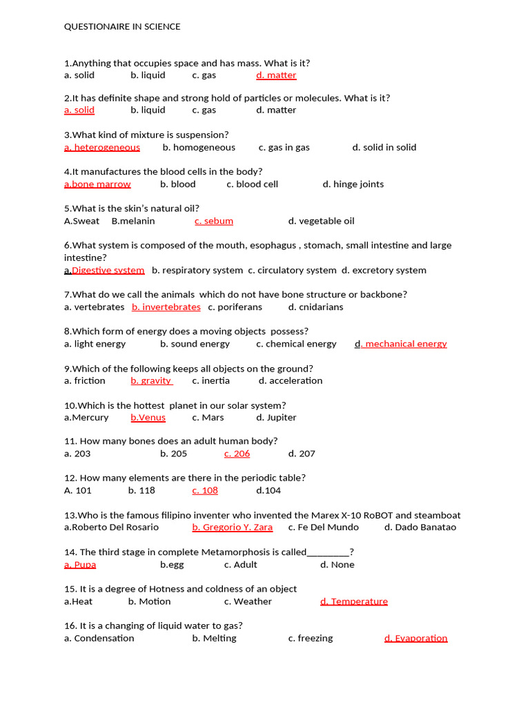 Science Questionnaire for Students | PDF | Liquids | Gases
