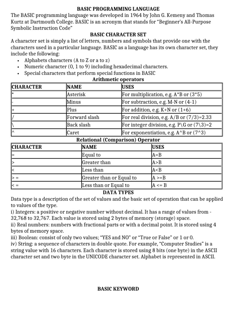 WEEK 9 - BASIC PROGRAMMING LANGUAGE | PDF | Basic | Exponentiation