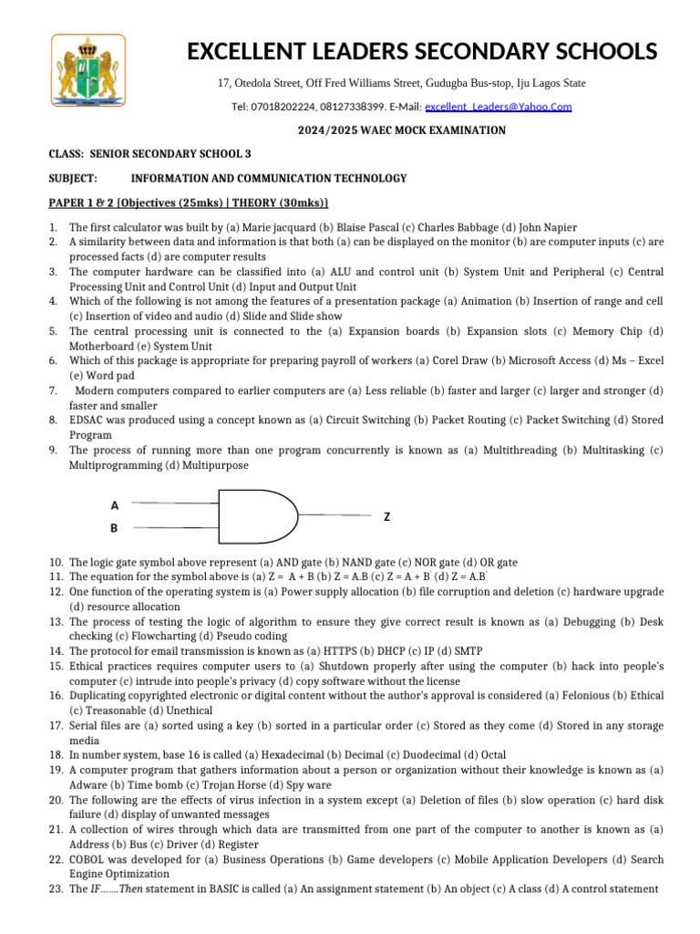 2ND Term Mock Examination (I) | PDF | Computer Program | Programming