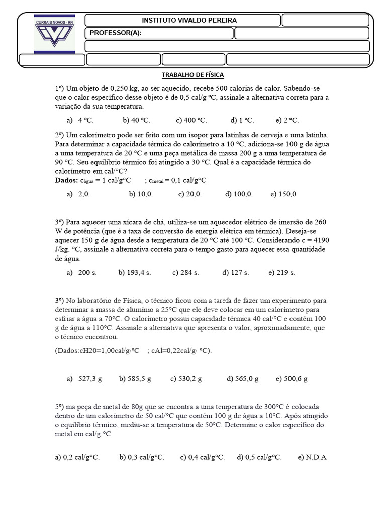 Exercícios de Física sobre Calor e Temperatura | PDF | Calor | Temperatura