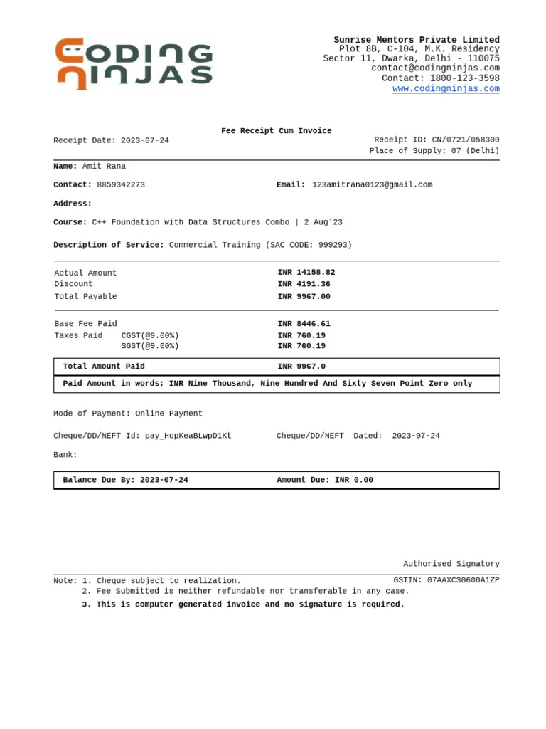 C++ Course Fee Receipt - Amit Rana | PDF