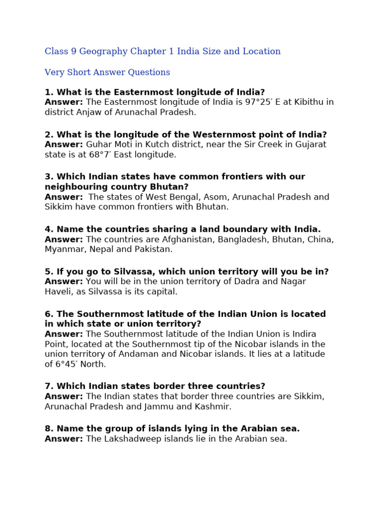 Class 9 Geography Chapter 1 India Size and Location | PDF | Equator ...