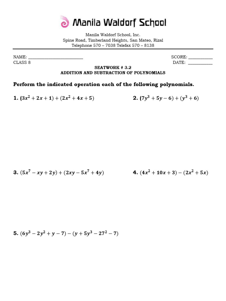 SW#3.2 (ADDING AND SUBTRACTING POLYNOMIALS) | PDF
