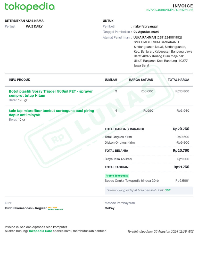 Invoice Pembelian Produk Tokopedia | PDF